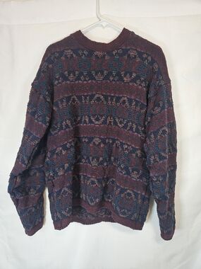 Lake Harmony Vintage 100% Cotton Burgundy and Navy Geometric Knit Sweater